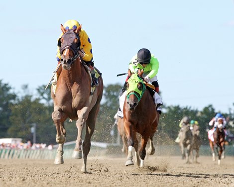 No Bien Ni Mal ridden by Joel Rosario won the $200,000 Grade III Greenwood Cup at Parx Racing in Bensalem, Pennsylvania on September 23, 2023. Photo By Ryan Denver /EQUI-PHOTO
