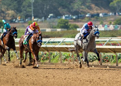 Zedan Racing Stables’ Brant and jockey Flavien Prat, right, win the Grade I, $300,000 Del Mar Futurity, Sunday  September 7, 2025 at Del Mar Thoroughbred Club, Del Mar, CA.  The two-year-old son of Gun Runner gave trainer Bob Baffert his 19th win in the race.<br>
Benoit Photo