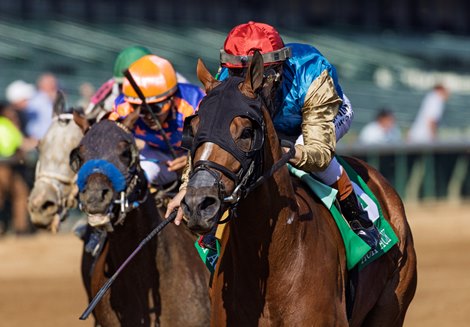 Tumbarumba (5G) (Oscar Performance-Naive Enough by Street Sense) wins the G3 Ack Ack S. at Churchill Downs on 9/27/2025. Tyler Gaffalione piloted the Wathnan Racing gelding to victory for trainer Brian Lynch.