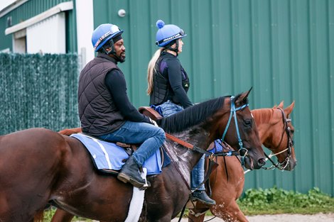 Pennsylvania Derby contender Baeza gallops with exercise rider Kaya Payne on the track at Parx Racing in Bensalem, PA on Thursday morning September 18, 2025. Photo By Nikki Sherman/EQUI-PHOTO.