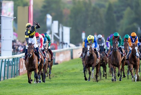 Maranoa Charlie (A.Lemaitre,yellow cap)  wins the Prix de la Foret Longchamp 5.10.25 Pic: Edward Whitaker