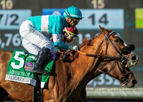Canadian-bred Mission of Joy and jockey Umberto Rispoli, outside, get up just in time to nail Speed Shopper (Kazushi Kimura up), inside, to win the Grade II $200,000 Rodeo Drive Stakes Saturday, October 4, 2025 at Santa Anita Park, Arcadia, CA. <br>
Benoit Photo