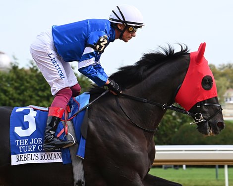 Rebel's Romance wins the 2025 Joe Hirsch Turf Classic Stakes at Aqueduct Racetrack
