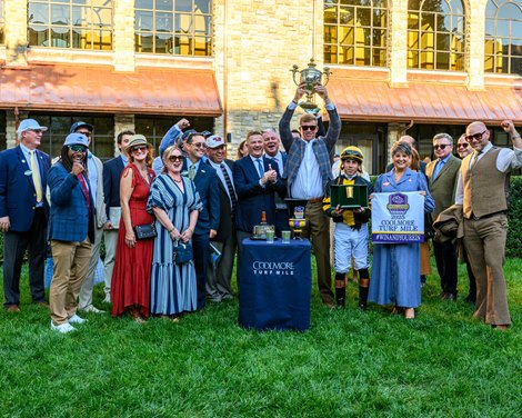 Rhetorical with Irad Ortiz, Jr. wins the Coolmore Turf Mile (G1T) at Keeneland in Lexington, Ky. on Oct. 4, 2025