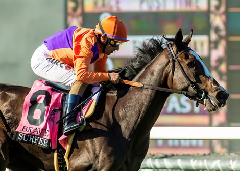 Brave Deb and jockey Mirco Demuro win the GRade III, $100,000 Surfer Girl Stakes, Sunday, October 5, 2025 at Santa Anita Park, Arcadia CA. © BENOIT PHOTO