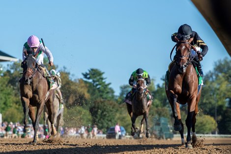 Gin Gin and Luis Saze win G1 Juddmonte Spinster Stakes, Keeneland Racetrack, Lexington, KY, 10-5-25, Mathea Kelley-Bloodhorse