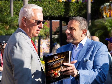 (L-R): Todd A. Pletcher with Mike Repole in the paddock before the Juvenile Fillies Turf (G1T) at Del Mar Racetrack in Del Mar, CA on October 31, 2025.