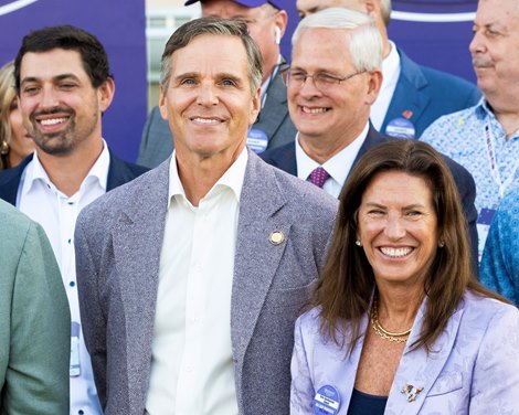 (L-R): Eric and Tamara Gustafson in the winner’s circle after Ted Noffey with John Velazquez win the Juvenile (G1) at Del Mar Racetrack in Del Mar, CA on October 31, 2025.