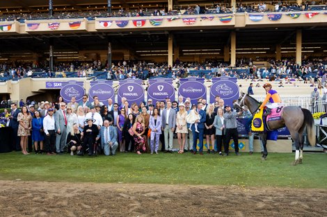 Winning connections in the winner’s circle after Ted Noffey with John Velazquez win the Juvenile (G1) at Del Mar Racetrack in Del Mar, CA on October 31, 2025.