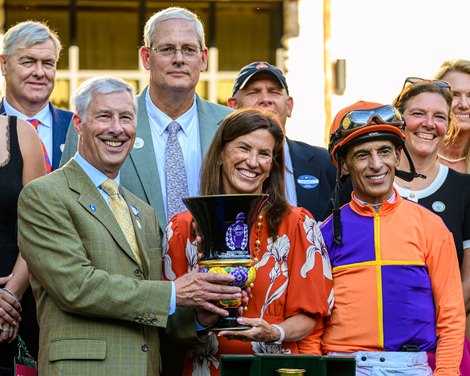 (L-R): Front row, Michael Banahan, Tamara Gustavson, John Velazquez<br>
Back row between Banahann and Gustavson is Ned Toffey</p>

<p>Tommy Jo with John Velazquez wins the Alcibiades (G1) after Percy’s Bar was disqualified at Keeneland in Lexington, Ky. on Oct. 3, 2025