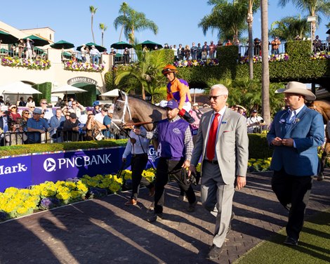 Ted Noffey and John Velazquez in the paddock before the Juvenile (G1) at Del Mar Racetrack in Del Mar, CA on October 31, 2025.