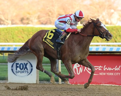 Fully Subscribed wins the 2025 Mother Goose Stakes at Aqueduct Racetrack
