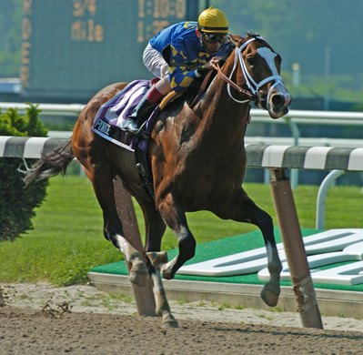 Purge with jockey John Velazquez up wins the Peter Pan at Belmont Park May 22, 2004.