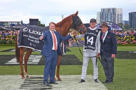 Half Yours wins the 2025 Melbourne Cup at Flemington Racecourse ridden by Jamie Melham and trained by Tony & Calvin McEvoy