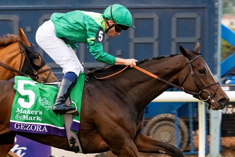 Gezora with Mickael Barzalona wins the Filly & Mare Turf (G1T) at Del Mar Racetrack in Del Mar, CA on November 1, 2025.