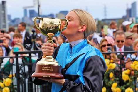Half Yours wins the 2025 Melbourne Cup at Flemington Racecourse ridden by Jamie Melham and trained by Tony & Calvin McEvoy