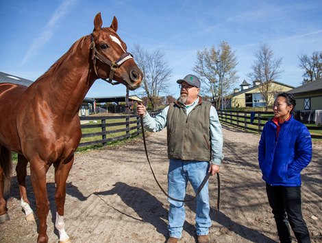Trainer Joe Roberts and jockey Amanda Poston with Claiming Crown entrant Shotshell at HighPointe Training Center