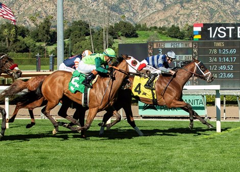 La Ville Lumiere and jockey Flavien Prat, right, outleg Wild Like the West (Juan Hernandez), left, to win the $100,000 Blue Norther Stakes, Monday, December 29, 2025 at Santa Anita Park, Arcadia CA.<br>
© BENOIT PHOTO