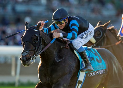 Kretz Racing's Cabo Spirit and jockey Mike Smith win the Grade III $100,000 San Gabriel Stakes Sunday, December 28, 2025, opening day of the Santa Anita Park  meet. Benoit Photo