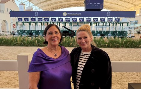 Cre Run Farm's Deborah Mihaloff and Racing Manager Amanda Roxborough, owner and breeder of First Classs, at the barrier draw for the 33rd UAE President Cup