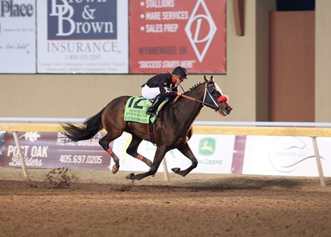 Express Kid (12) wins the $300,000 Springboard Mile on Saturday, Dec. 20, 2025 at Remington Park. Jockey Jose Alvarez was up for the triumph. Credit: Dustin Orona Photography/Remington Park