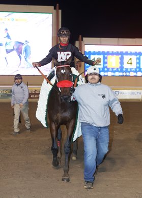 Express Kid (12) wins the $300,000 Springboard Mile on Saturday, Dec. 20, 2025 at Remington Park. Jockey Jose Alvarez was up for the triumph.
