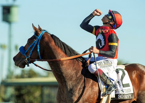 So Happy and jockey Mike Smith win the Grade II $200,000 San Vicente Stakes Saturday, January 10, 2026 at Santa Anita Park, Arcadia, CA.  The three-year-old son of Runhappy is owned by Norman Stables and Saints and Sinners and trained by Mark Glatt.<br>
Benoit Photo