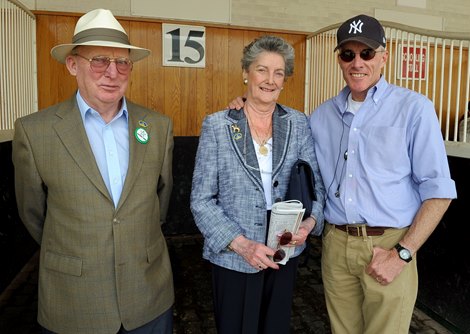 Trainer Eoin Harty, right, with his parents, Mr. and Mrs. Eddie Harty<br>
Horse scenes, Derby and Oaks contenders, at Churchill Downs in Louisville, Ky. on April 30, 2008.<br>
1Schooling5_01_08  image8380<br>
Photo by Anne M. Eberhardt