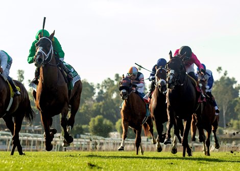 Mondego and jockey Emisael Jaramillo, left, win the Grade III, $100,000 San Marcos Stakes, Saturday, February 14, 2026 at Santa Anita Park, Arcadia CA. © BENOIT PHOTO