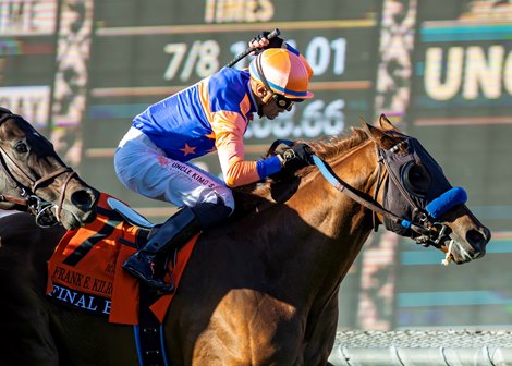 Final Boss and jockey Juan Hernandez, right, outleg El Potente (Hector Berrios), left, to win the Grade II, $200,000 Frank E. Kilroe Mile, Saturday, March 7, 2026 at Santa Anita Park, Arcadia CA. © BENOIT PHOTO