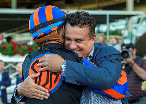 Co-owner Nick Cosati, right, celebrates with jockey DIego Herrera, left, in the winner's circle after British Isles' victory in the Grade I, $300,000 Santa Anita Handicap, Saturday, March 7, 2026 at Santa Anita Park, Arcadia CA,<br>
© BENOIT PHOTO