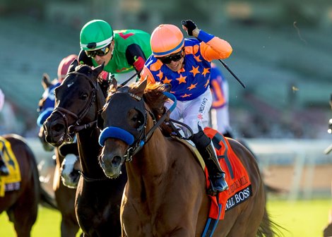 Final Boss and jockey Juan Hernandez, right, outleg El Potente (Hector Berrios), left, to win the Grade II, $200,000 Frank E. Kilroe Mile, Saturday, March 7, 2026 at Santa Anita Park, Arcadia CA. © BENOIT PHOTO