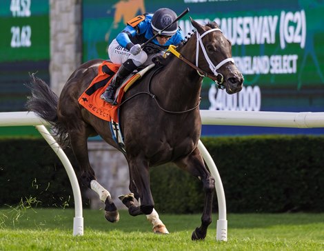 In Our Time (Not This Time - Laura's Pleasure, by Cactus Ridge), with jockey Flavien Prat, wins the Giant's Causeway S. Presented by Keeneland Select (Gr.2) for trainer Saffie A. Joseph, Jr. and owner Resolute Racing and Miller Racing LLC.