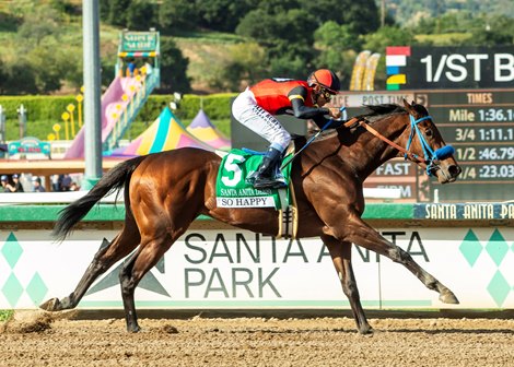 So Happy and jockey Mike Smith win the Grade I, $500,000 Santa Anita Derby, Saturday, April 4, 2026 at Santa Anita Park, Arcadia CA.<br>
© BENOIT PHOTO