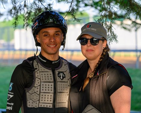 (L-r): jockey Jaime with his agent Lizzy Morris. Training at Churchill Downs on April 23, 2026.