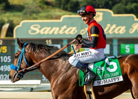 So Happy and jockey Mike Smith win the Grade I, $500,000 Santa Anita Derby, Saturday, April 4, 2026 at Santa Anita Park, Arcadia CA.<br>
© BENOIT PHOTO