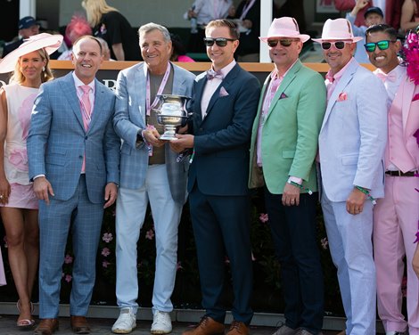 Kathynmarissa with jockey Jose Ortiz up wins the Modesty(G3T) for trainer L-R trainer Chad C. Brown  , Micheal Dubb,  and owner Michael J. Caruso at Churchill Downs, KY on May 1, 2026