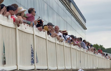 Fans line the apron fence on 2026 Preakness Day at Laurel Park