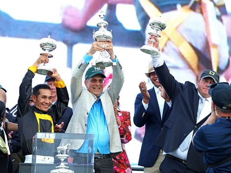 Jockey Paco Lopez (L), Owner Al Gold and Trainer Chad Summers hold up the Preakness Stakes trophies after Napoleon Solo won the $2,000,000 Grade I Preakness Stakes at Laurel Racecourse on Saturday May 16, 2026. Photo By Bill Denver/EQUI-PHOTO