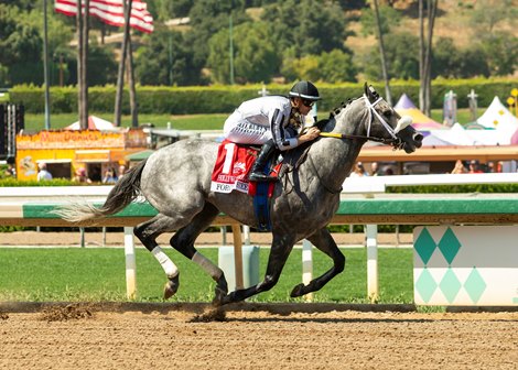 Forged Steel and jockey Flavien Prat win the Grade II $100,000 Hollywood Gold Cup Monday, May 25, 2025 at Santa Anita Park, Arcadia, CA.  The Kentucky-bred colt is owned by C2 Racing Stable and Mathis Stables and trained by Saffie A. Joseph, Jr.<br><br />
Benoit Photo