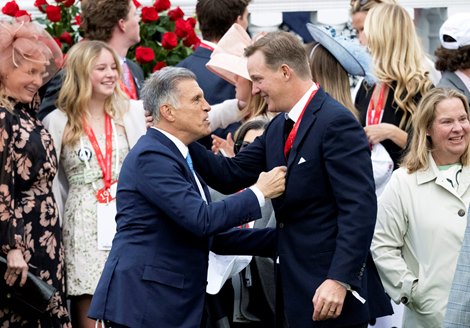 Vincent Viola, left, and Ogden Phipps II, right, celebrate in the winner’s circle after winning the Kentucky Derby, presented by Woodford Reserve, (G1) with Golden Tempo and Jose Ortiz at Churchill Downs in Louisville, Ky., on May 2, 2026.