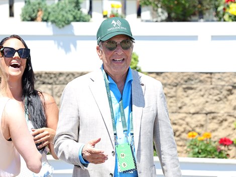 Owner Al Gold after I Love Giraffes #3 with Paco Lopez riding held off the challenge of Mambo Queen #7 and Sheldon Russell to win the 5th race at Laurel Racecourse on Saturday May 16, 2026. Photo By Bill Denver/EQUI-PHOTO