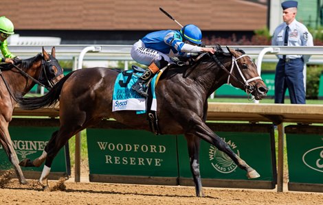 On Time Girl with Irad Ortiz Jr. wins the Eight Belles S. (Gr.2) for trainer Brad Cox and owner, Albaugh Family Stable.
