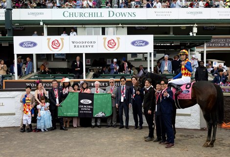T O Elvis connections with jockey Ryusei Sakai celebrate in the winner’s circle after winning the Churchill Downs, presented by Ford (G1), at Churchill Downs in Louisville, Ky., on May 2, 2026.