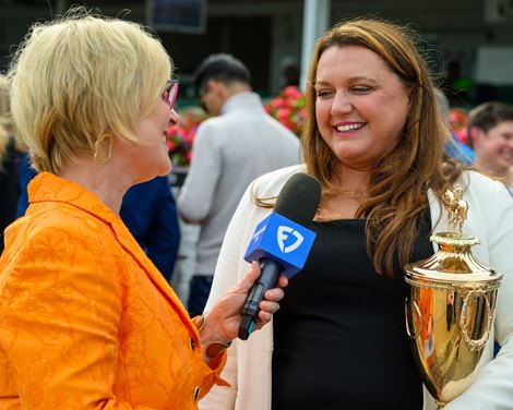 Cherie DeVaux with her Kentucky Derby trophy being interviewed by Caton Bredar with FanDuelTV. <br>
Harrodsburg with Luis Seaz wins the Bango (G3) at Churchill Downs on June 27, 2026.