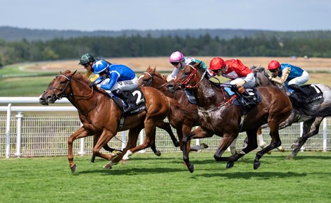 Lake Forest (Cieren Fallon,blue) wins the Lennox Stakes Goodwood 28.7.26 Pic: Edward Whitaker
