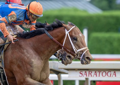 Renegade  #3 with jockey Irad Ortiz Jr. comes up on the outside as the at the last minute to capture  the win in the 63rd running of The Jim Dandy presented by Mohegan Sun GII at the Saratoga Race Course Saturday Aug.1, 2026 in Saratoga Springs, N.Y.  Photo by Skip Dickstein