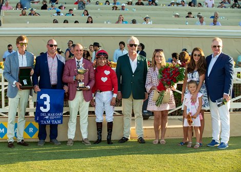 Rigney Racing's Tam Tam and jockey Junior Alvarado win the Grade I $300,000 Del Marks Oaks  Saturday, August 22, 2026 at Del Mar Thoroughbred Club, Del Mar, CA. Benoit Photo