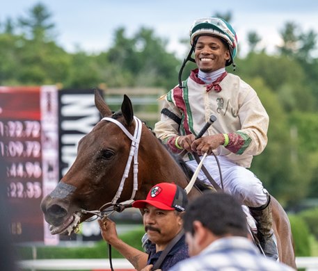 Summer Starlet with a smiling jockey Ricardo Santana, Jr., wins the 135th running of these Spinaway GI at the Saratoga Race Course Saturday Sept. 5, 2026 in Saratoga Springs, N.Y.