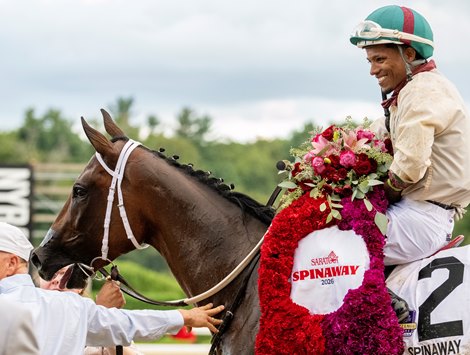 Summer Starlet with a smiling jockey Ricardo Santana, Jr., wins the 135th running of these Spinaway GI at the Saratoga Race Course Saturday Sept. 5, 2026 in Saratoga Springs, N.Y.